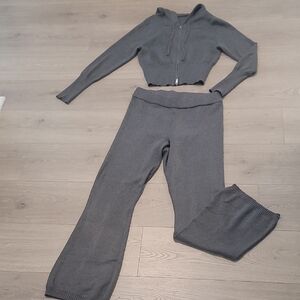 Gray Women's Knit Pants & Hoodie Set
